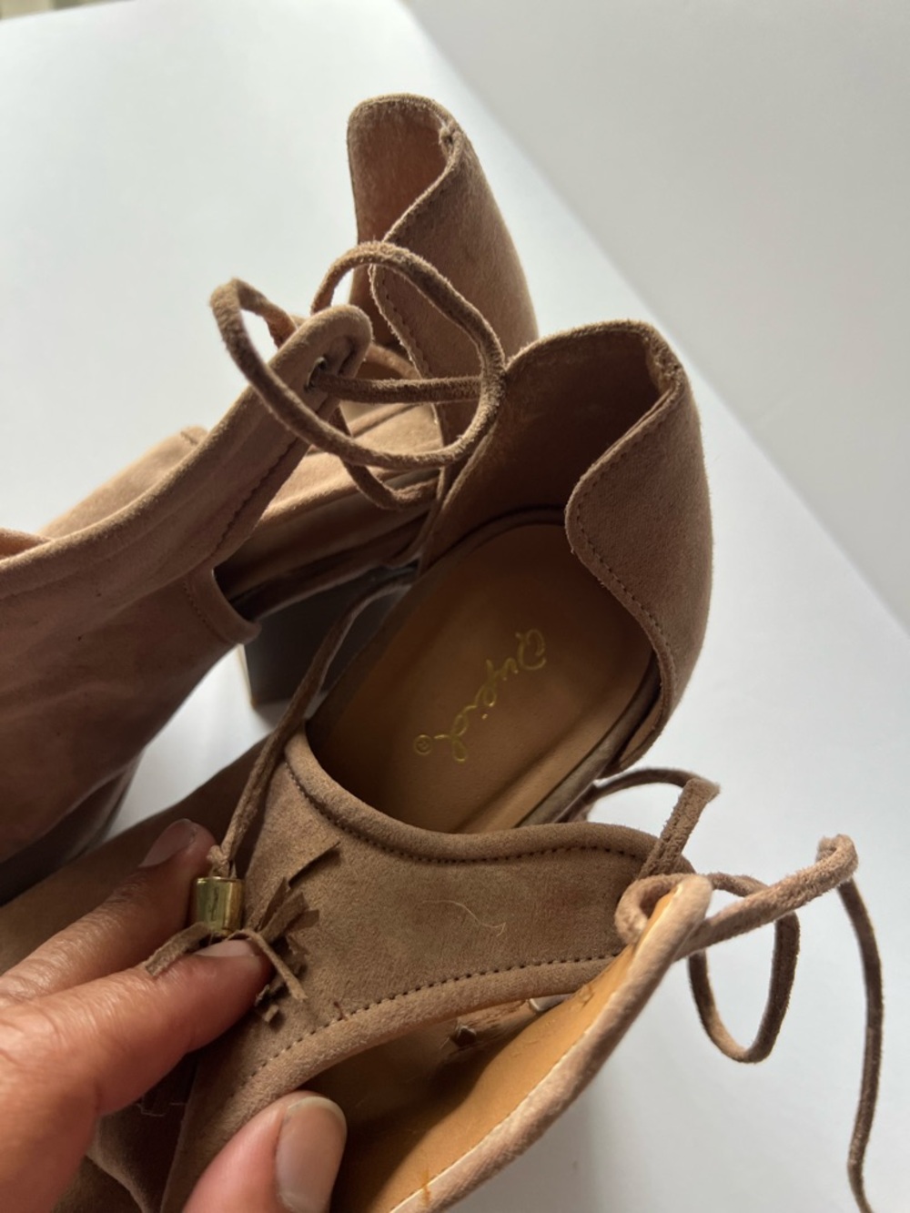 Suede Lace-Up Block Heel Pump in Taupe